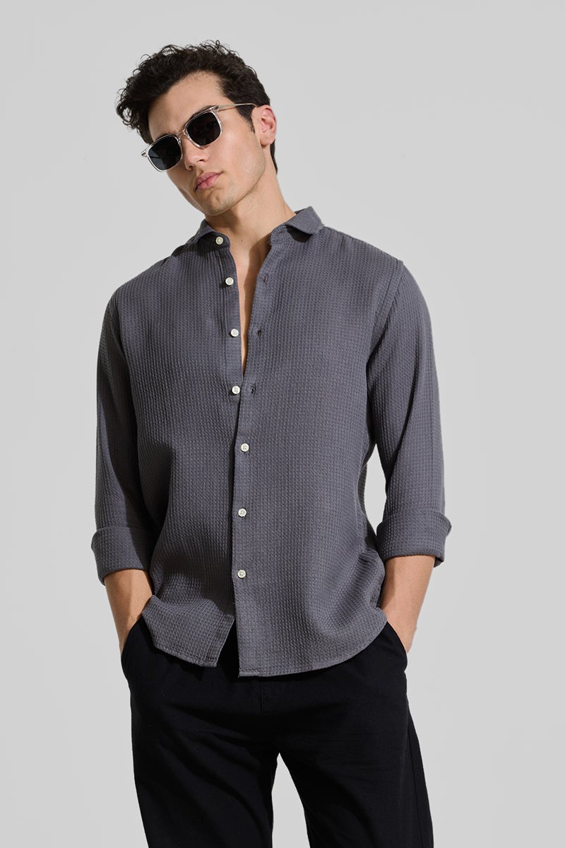 SNITCH Charcoal Grey Slim Fit Textured Shirt - Image 1